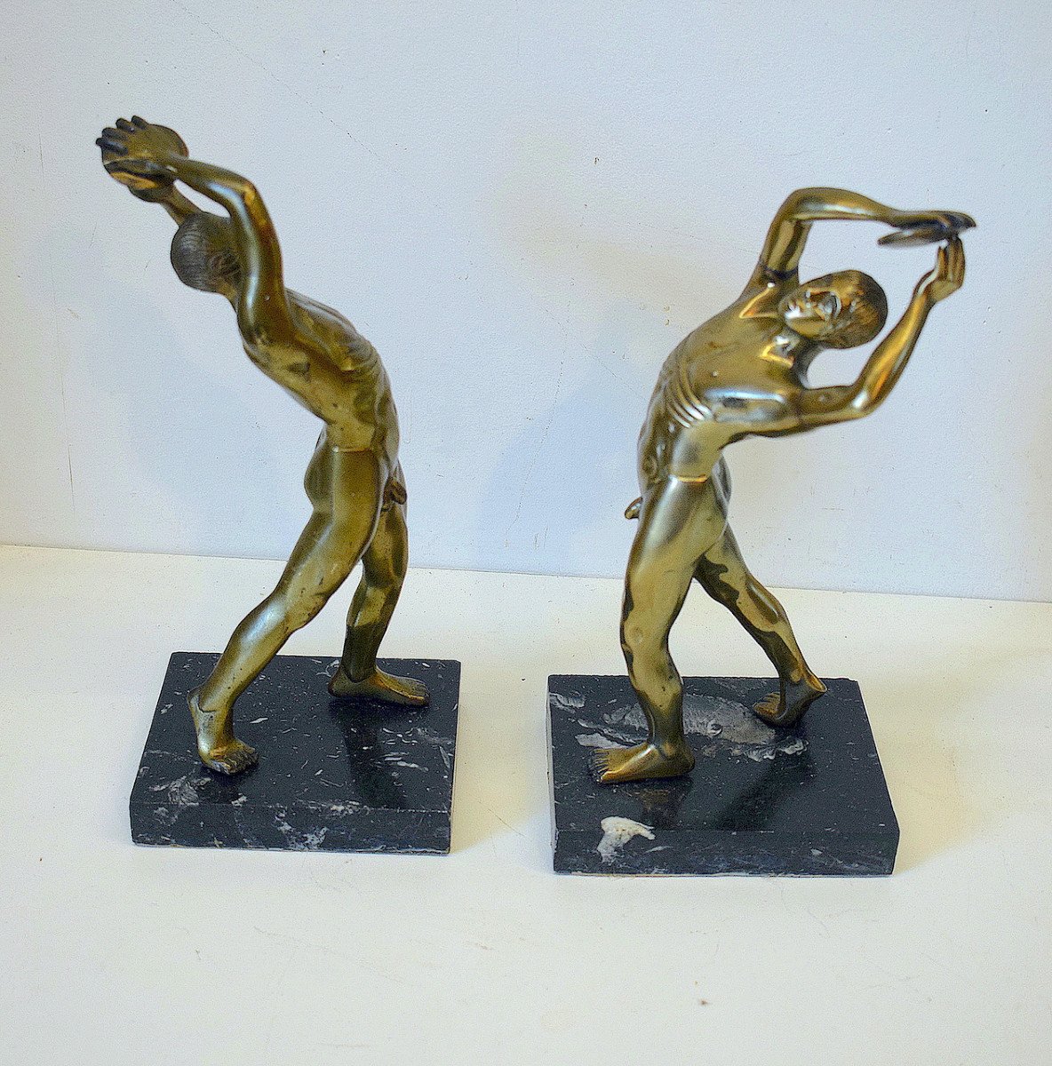 Pair Of Gilt Bronze Bookends Naked Man Sports Disc Thrower 1950 Decorative Art Ref604-photo-3
