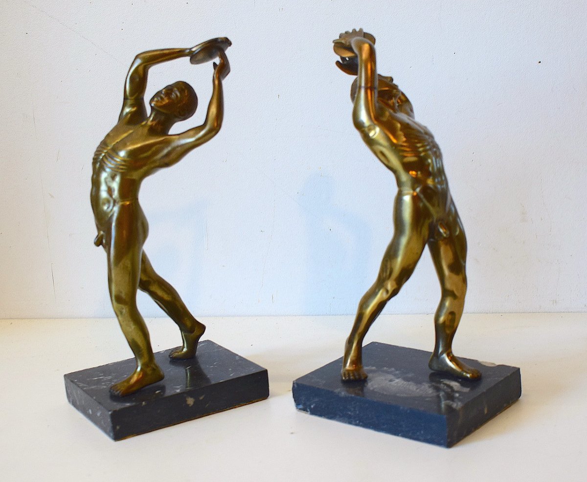 Pair Of Gilt Bronze Bookends Naked Man Sports Disc Thrower 1950 Decorative Art Ref604-photo-4
