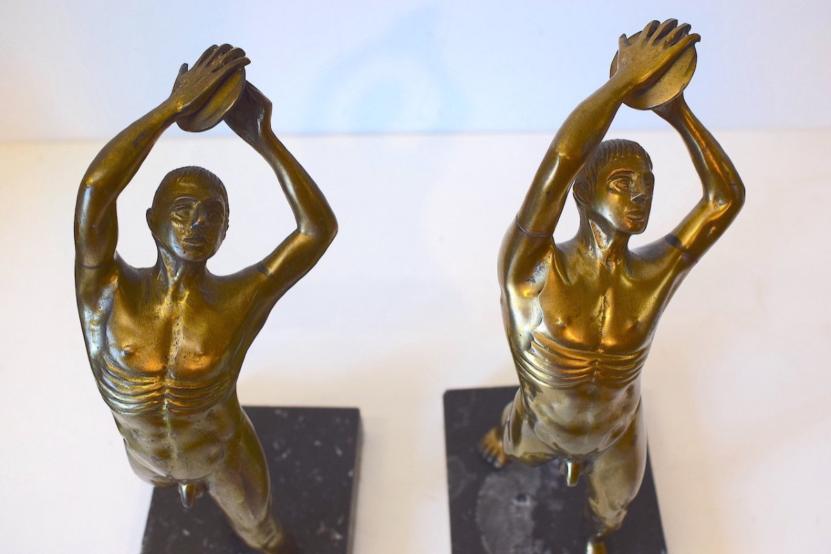 Pair Of Gilt Bronze Bookends Naked Man Sports Disc Thrower 1950 Decorative Art Ref604-photo-2