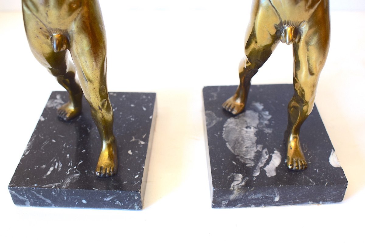 Pair Of Gilt Bronze Bookends Naked Man Sports Disc Thrower 1950 Decorative Art Ref604-photo-3