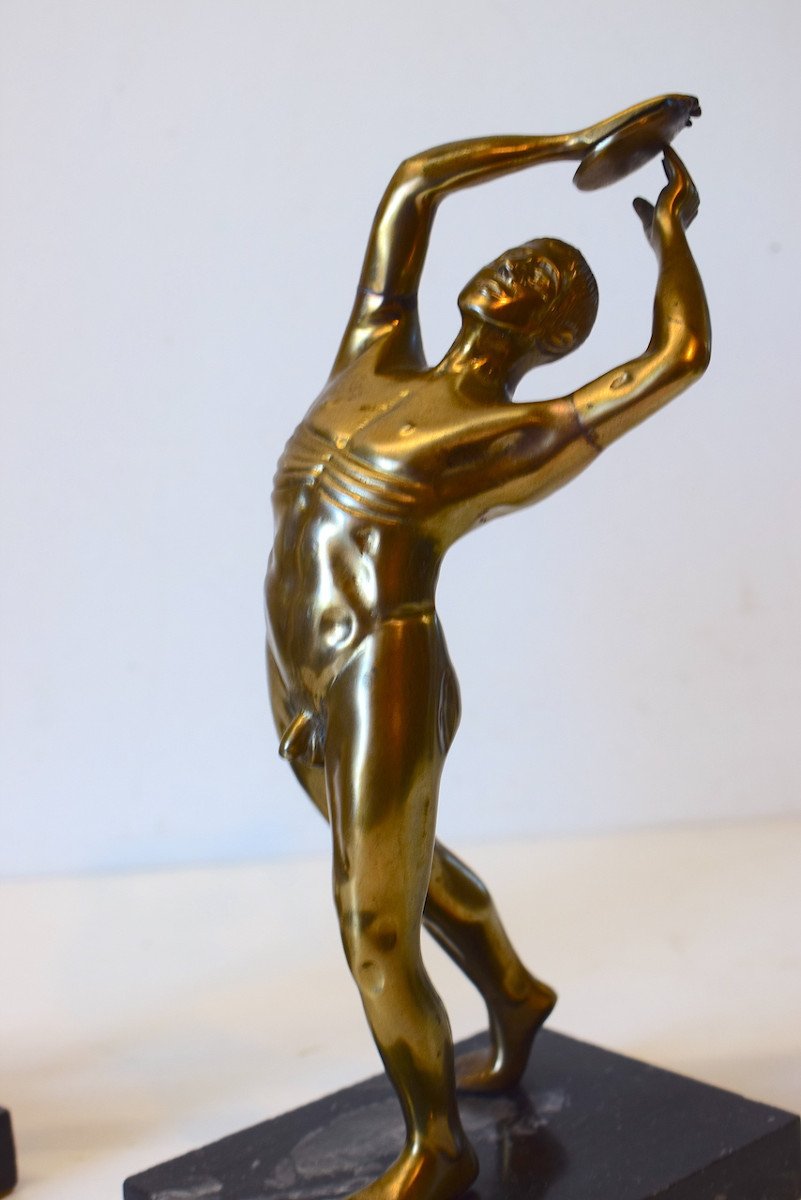 Pair Of Gilt Bronze Bookends Naked Man Sports Disc Thrower 1950 Decorative Art Ref604-photo-4