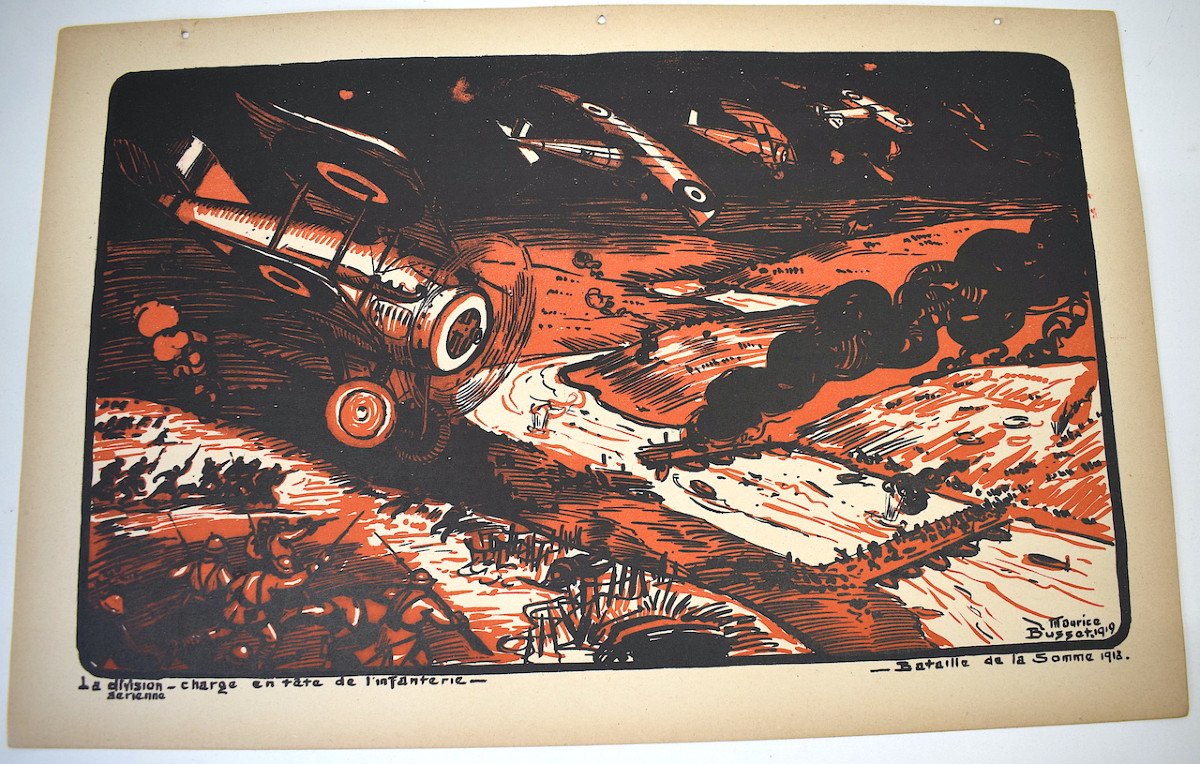 Estampe Maurice Busset  Affiche Lithographie Avion Aviation  Militaire  Guerre 1914 1918 Ref613