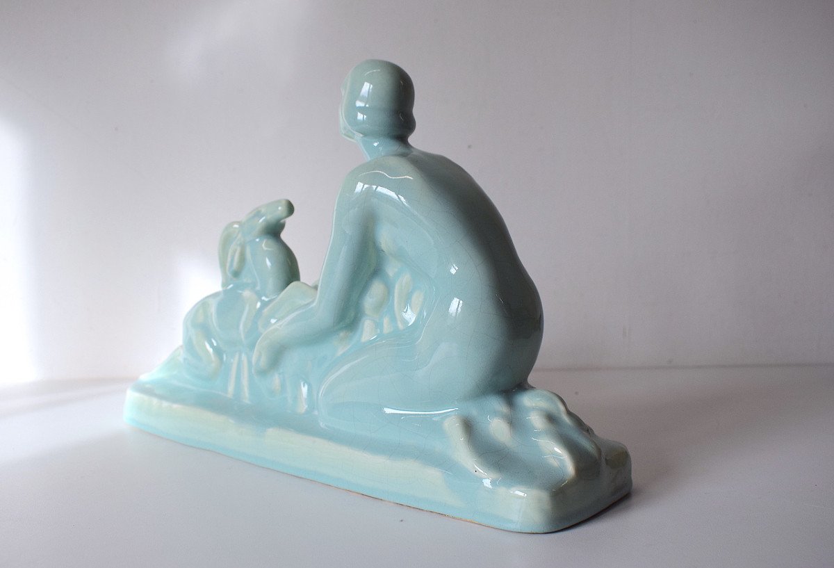 Céramique Craquelé Bleu Art Déco Femme Nue Et Cervidé  Vers 1925 Ref630 -photo-3