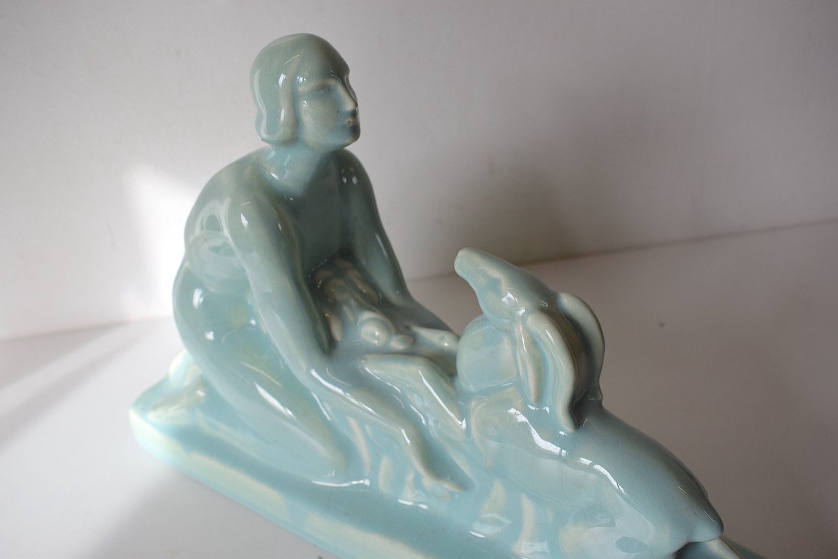 Céramique Craquelé Bleu Art Déco Femme Nue Et Cervidé  Vers 1925 Ref630 -photo-4