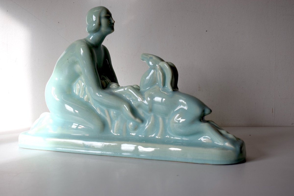 Céramique Craquelé Bleu Art Déco Femme Nue Et Cervidé  Vers 1925 Ref630 -photo-8