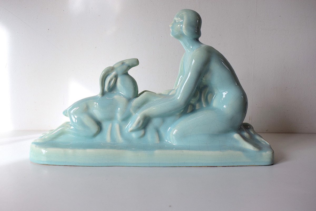 Céramique Craquelé Bleu Art Déco Femme Nue Et Cervidé  Vers 1925 Ref630 