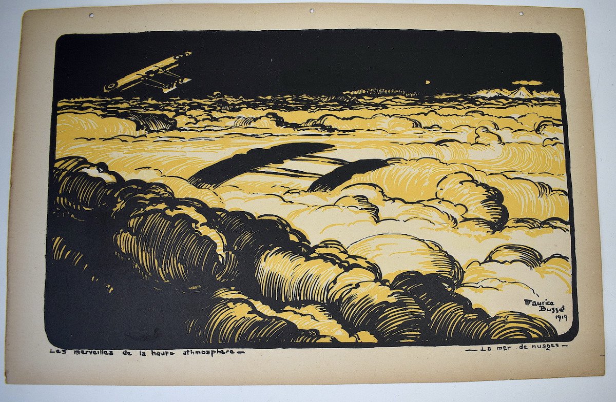 Print Maurice Busset Poster Lithograph Airplane Military Aviation War 1914 1918 Ref632