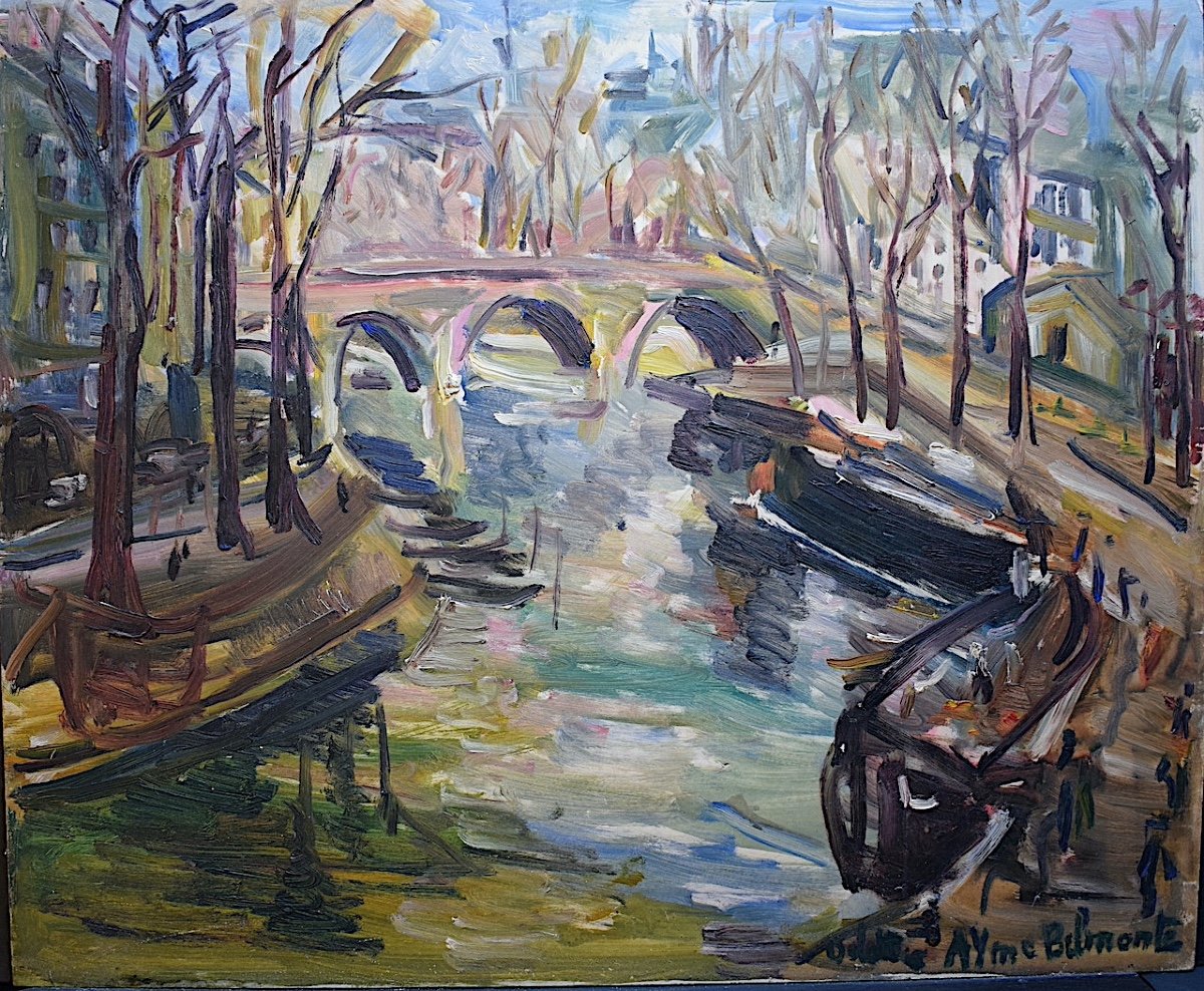 Odette Ayme Belmonte Post-impressionist Landscape Bridge River Paris XX 1950s Rt887-photo-2