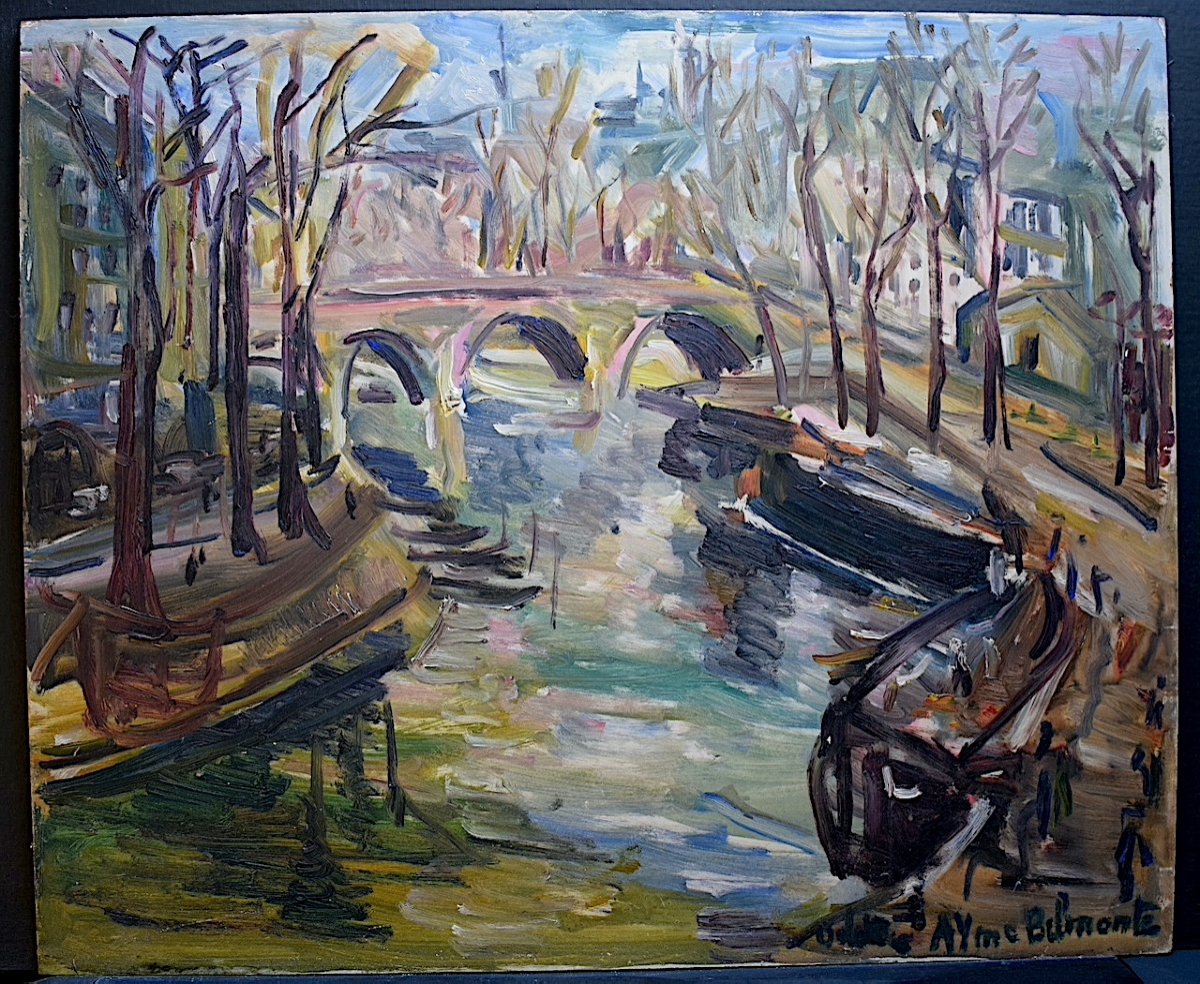 Odette Ayme Belmonte Post-impressionist Landscape Bridge River Paris XX 1950s Rt887
