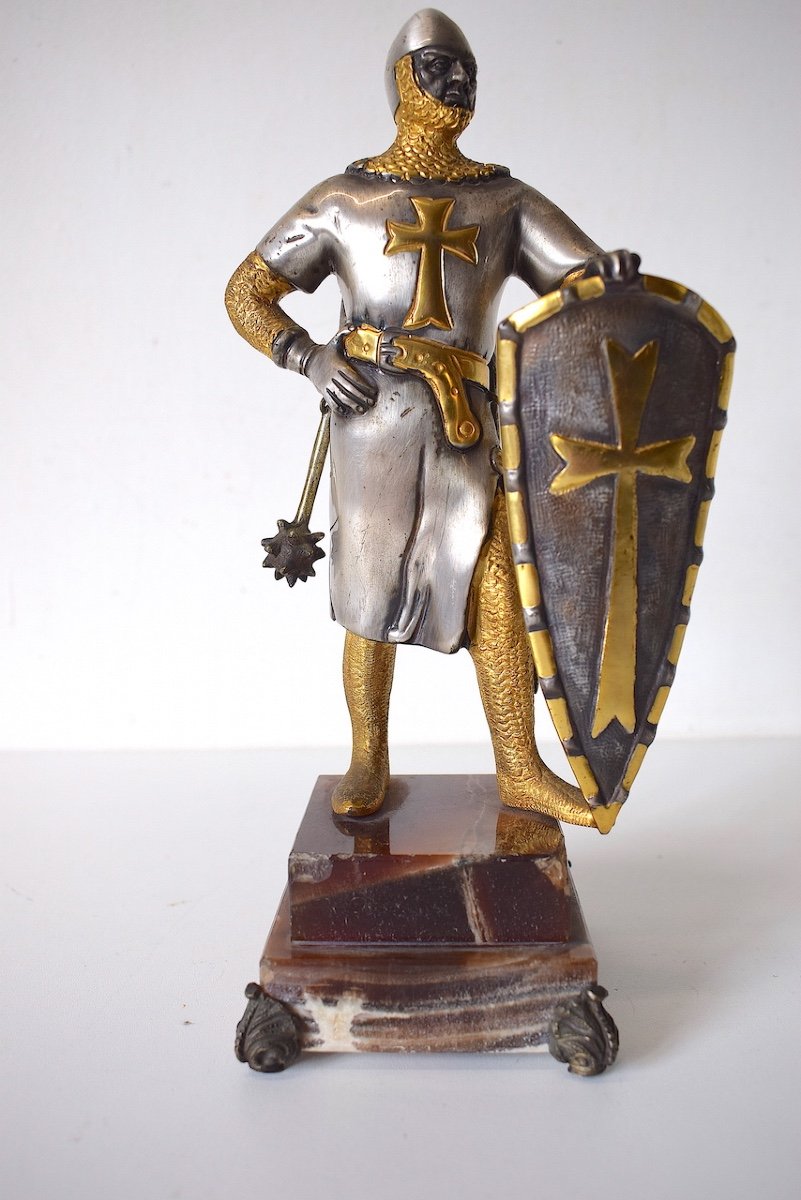Giuseppe Vasari Bronze Argent&eacute; Et Dor&eacute; Chevalier Crois&eacute; Soldat En Armure Croisade  Ref635-photo-3