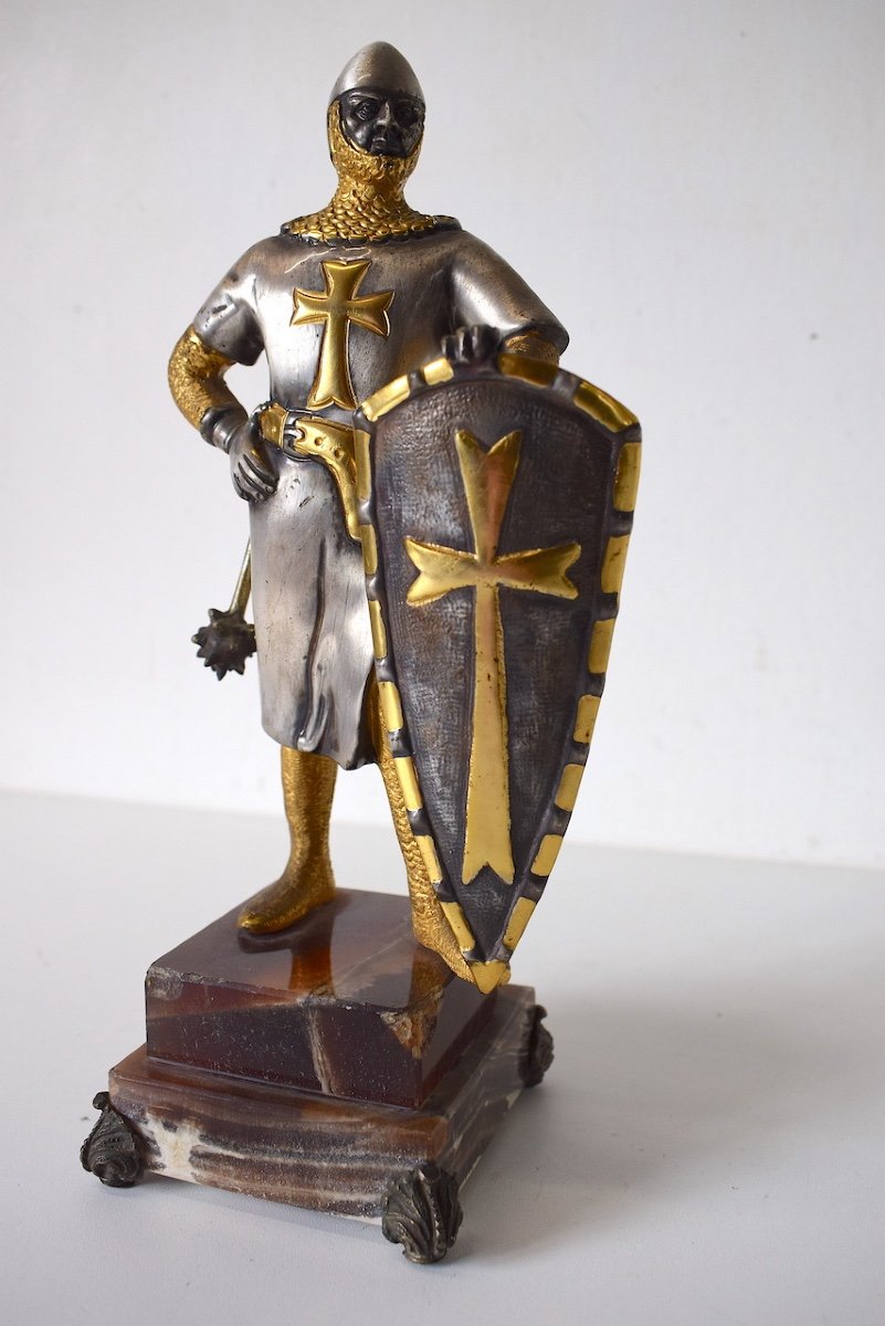 Giuseppe Vasari Silvered And Gilded Bronze Knight Crusader Soldier In Crusade Armor Ref635-photo-4