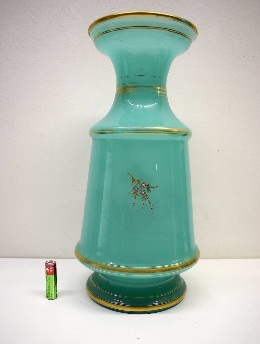 Baccarat Green Opaline Vase Enamelled With Butterfly And Flowers In Relief Mid-19th Century Ref640-photo-1
