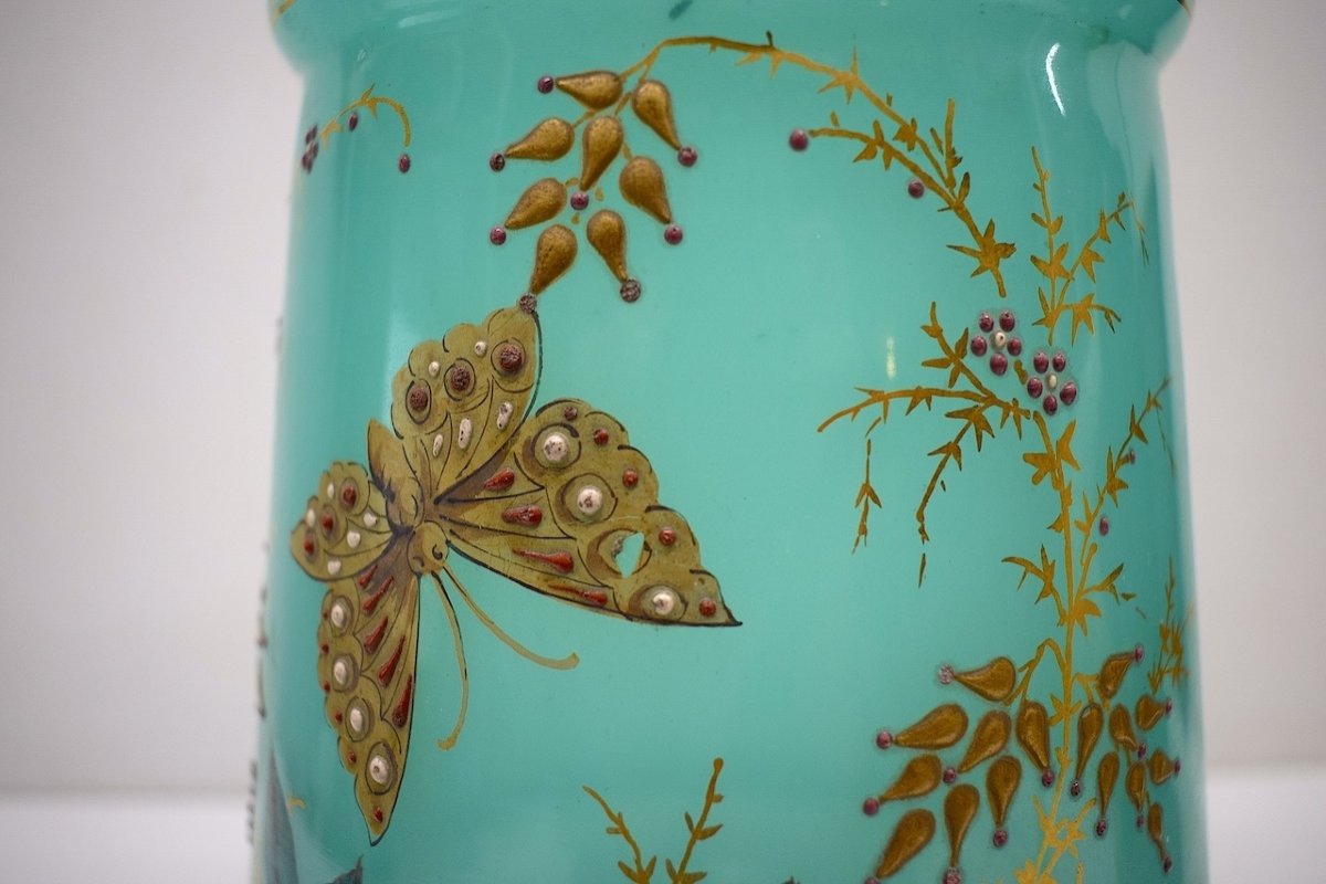 Baccarat Green Opaline Vase Enamelled With Butterfly And Flowers In Relief Mid-19th Century Ref640-photo-4