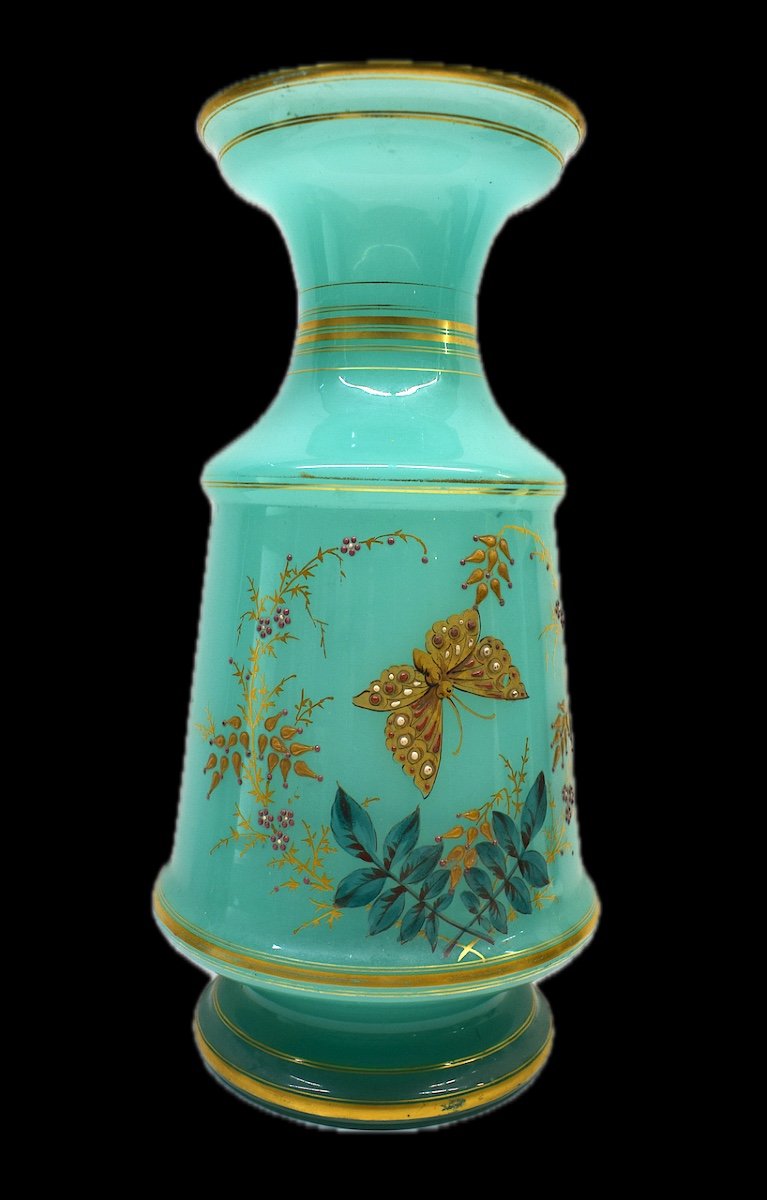 Baccarat Green Opaline Vase Enamelled With Butterfly And Flowers In Relief Mid-19th Century Ref640-photo-8