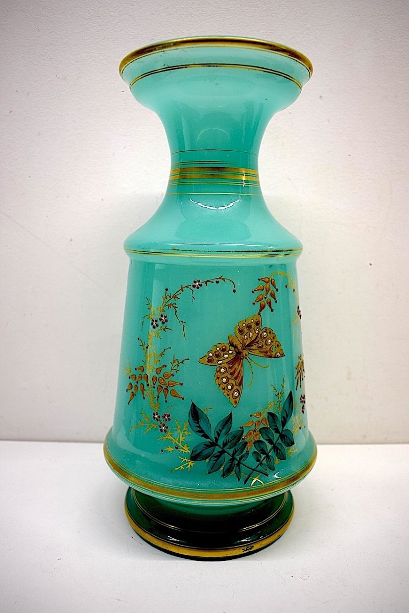 Baccarat Green Opaline Vase Enamelled With Butterfly And Flowers In Relief Mid-19th Century Ref640