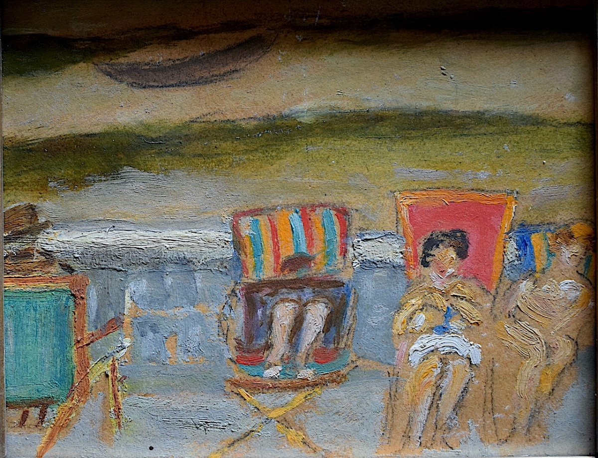 Beach Scene Bathers Post Impressionist 1940s 1950s Deauville Unsigned XX Rt896-photo-2