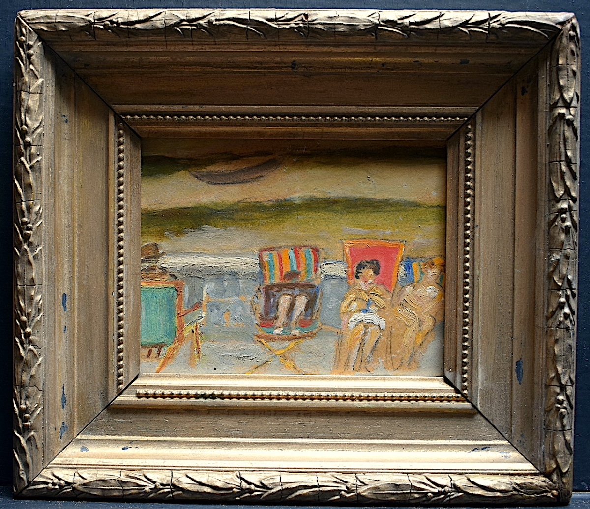 Beach Scene Bathers Post Impressionist 1940s 1950s Deauville Unsigned XX Rt896