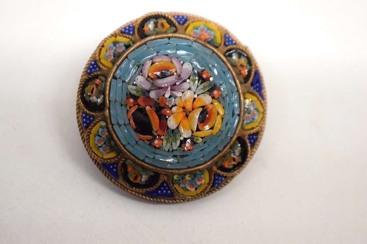 Bijou Broche Laiton et Micro Mosaïque de Verre Italie Autour De 1900 Ref660-photo-2