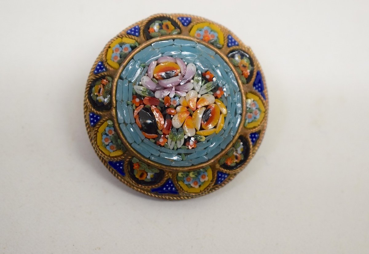 Bijou Broche Laiton et Micro Mosaïque de Verre Italie Autour De 1900 Ref660-photo-3