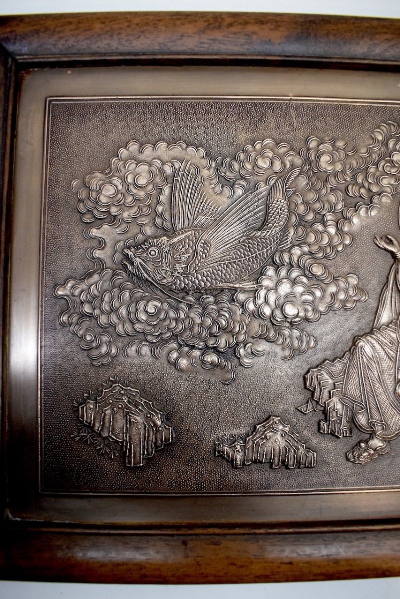 Chinese Bas Relief Bronze Copper Silver Chinese Legend Genie And Fish China Signed Ref661-photo-4