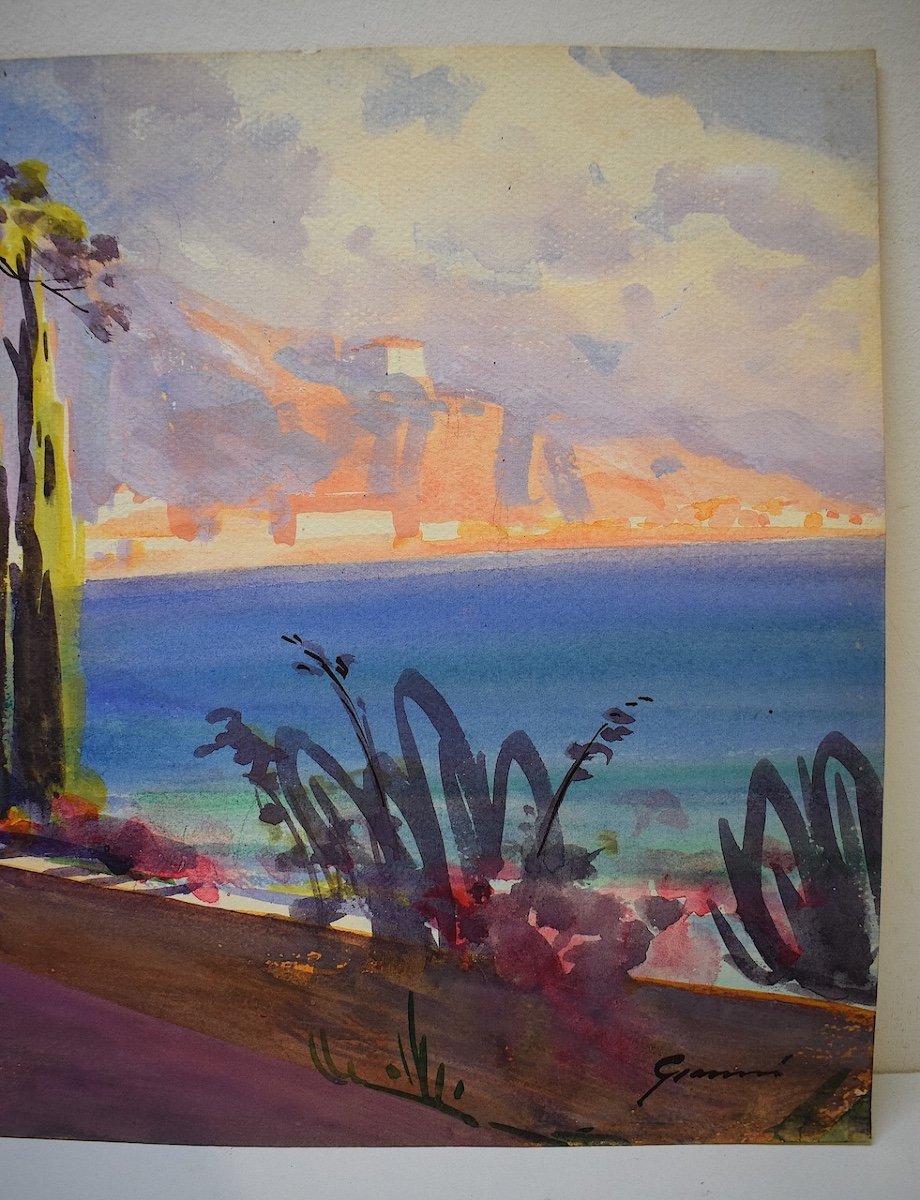 Watercolor View Of Menton Riviera Mediterranean Marine Landscape Signed Gianni Rd03-photo-4
