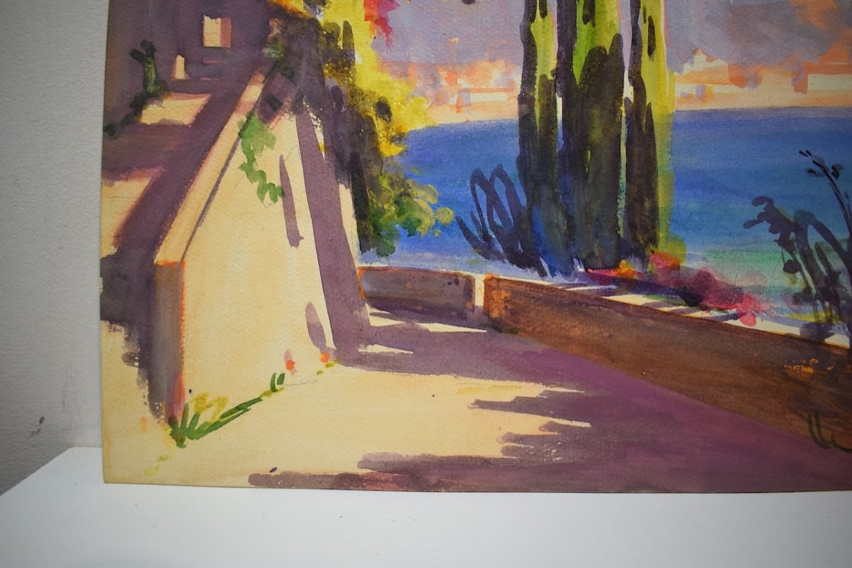 Watercolor View Of Menton Riviera Mediterranean Marine Landscape Signed Gianni Rd03-photo-3