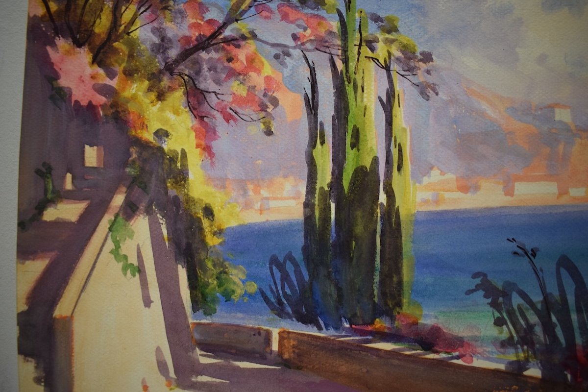 Watercolor View Of Menton Riviera Mediterranean Marine Landscape Signed Gianni Rd03-photo-5