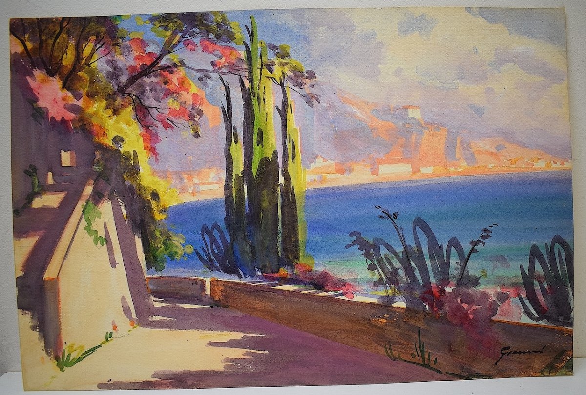 Watercolor View Of Menton Riviera Mediterranean Marine Landscape Signed Gianni Rd03