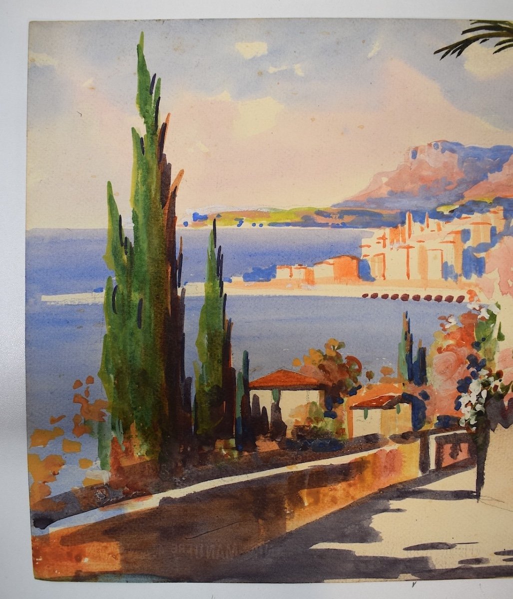 * Aquarelle Vue De Menton Riviera Paysage De Méditerranée Marine Signé Gianni Rd07-photo-3