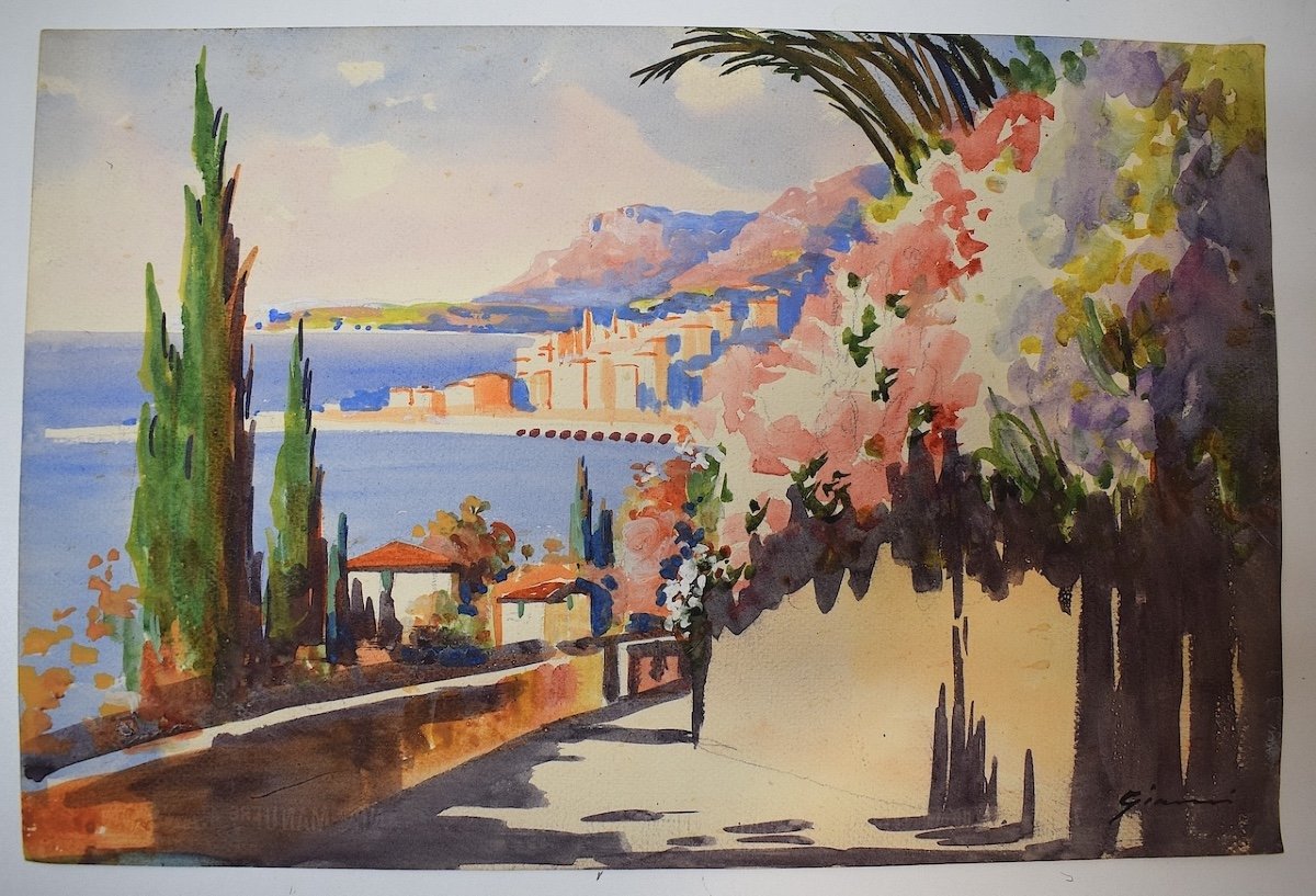 * Aquarelle Vue De Menton Riviera Paysage De Méditerranée Marine Signé Gianni Rd07-photo-5