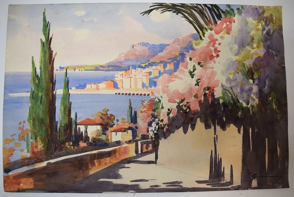 Aquarelle Vue De Menton Riviera Paysage De M&eacute;diterran&eacute;e  Marine Sign&eacute; Gianni Rd07