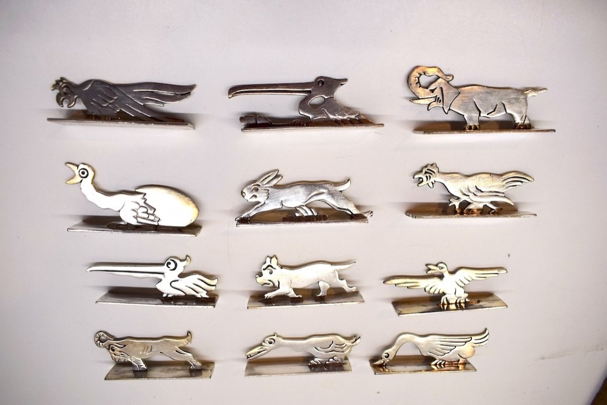 12 Art Deco Animal Knife Holders Benjamin Rabier Silver Chrome Metal Ref664-photo-3