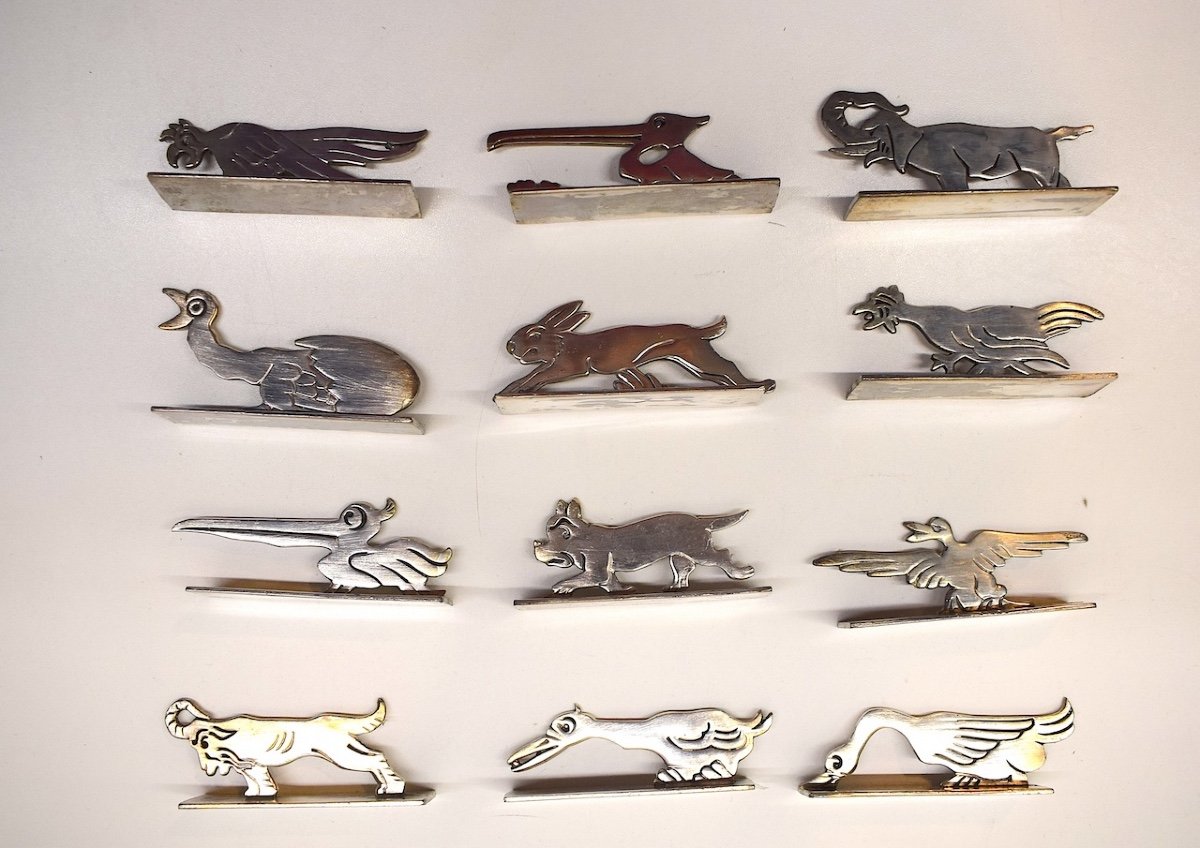 12 Art Deco Animal Knife Holders Benjamin Rabier Silver Chrome Metal Ref664-photo-4