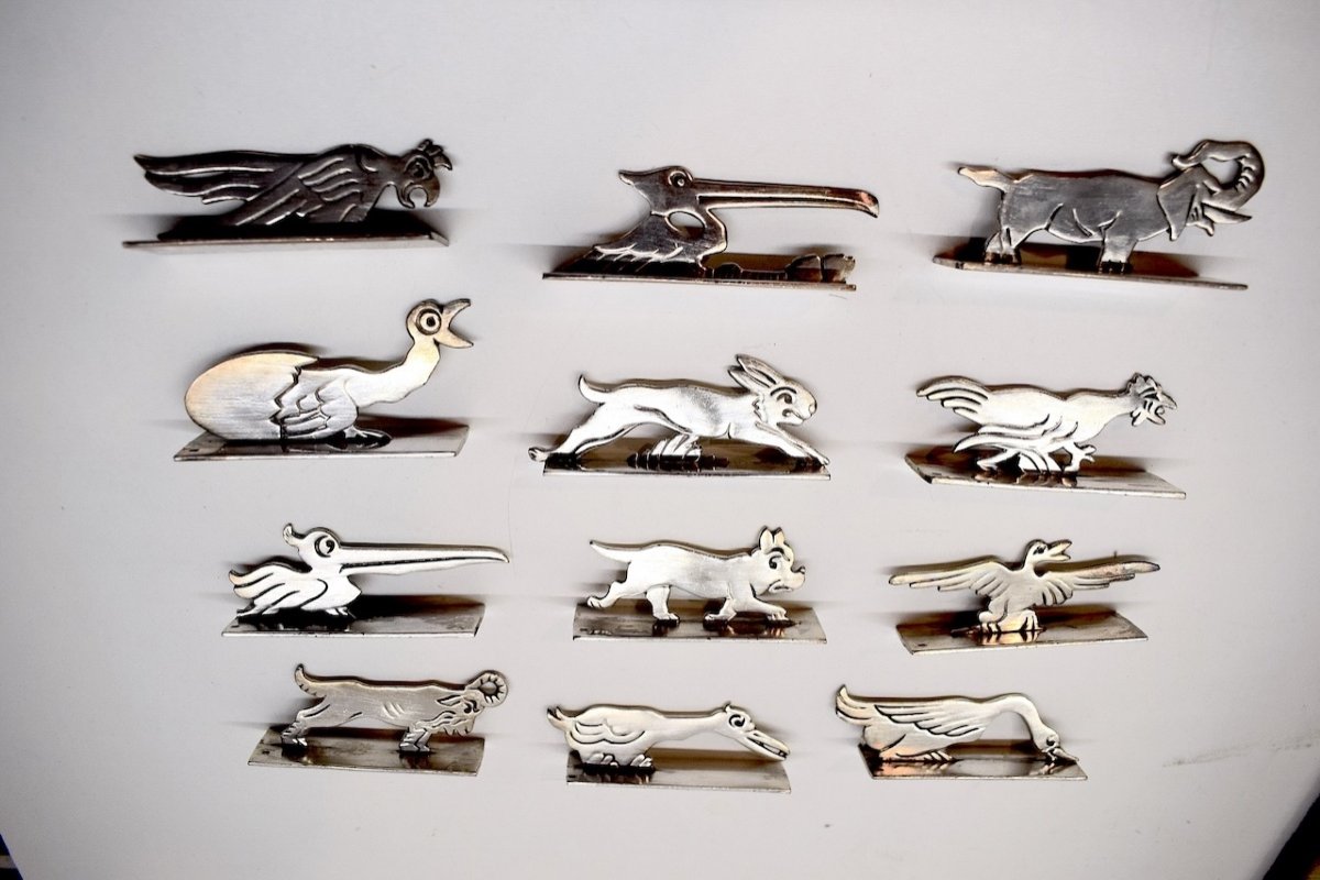 12 Art Deco Animal Knife Holders Benjamin Rabier Silver Chrome Metal Ref664-photo-1