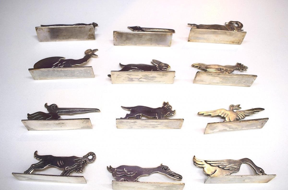 12 Art Deco Animal Knife Holders Benjamin Rabier Silver Chrome Metal Ref664-photo-2