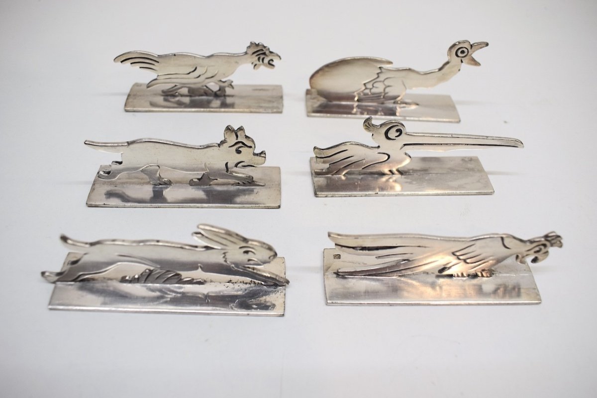 12 Art Deco Animal Knife Holders Benjamin Rabier Silver Chrome Metal Ref664-photo-4