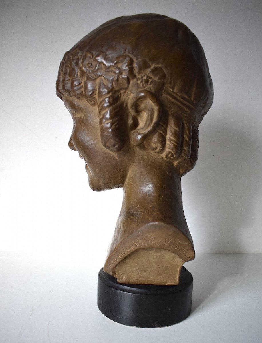 Jeanne Leyritz  Vesques Buste Terre Cuite Art D&eacute;co  Jeune Fille Au Bandeau Fleuri  Ref669-photo-3