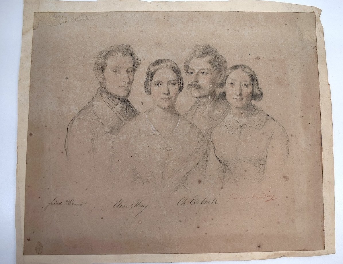 Dessin  Au Crayon Portrait De 4 Personnages Signé Signature à Identifier Rd14