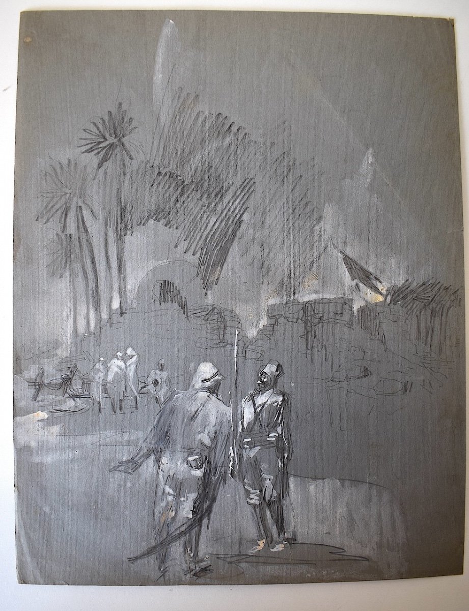 Drawing And Watercolor Orientalist Military Colony Late 19th Early 20th Century Rd17-photo-3