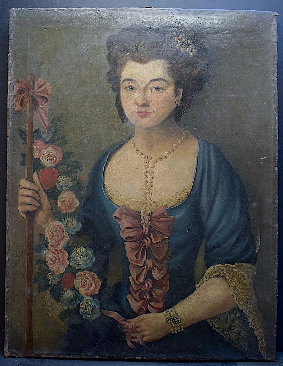 Portrait De Femme &eacute;l&eacute;gante XVIII &egrave;me Si&egrave;cle  Guirlande de Roses RT915