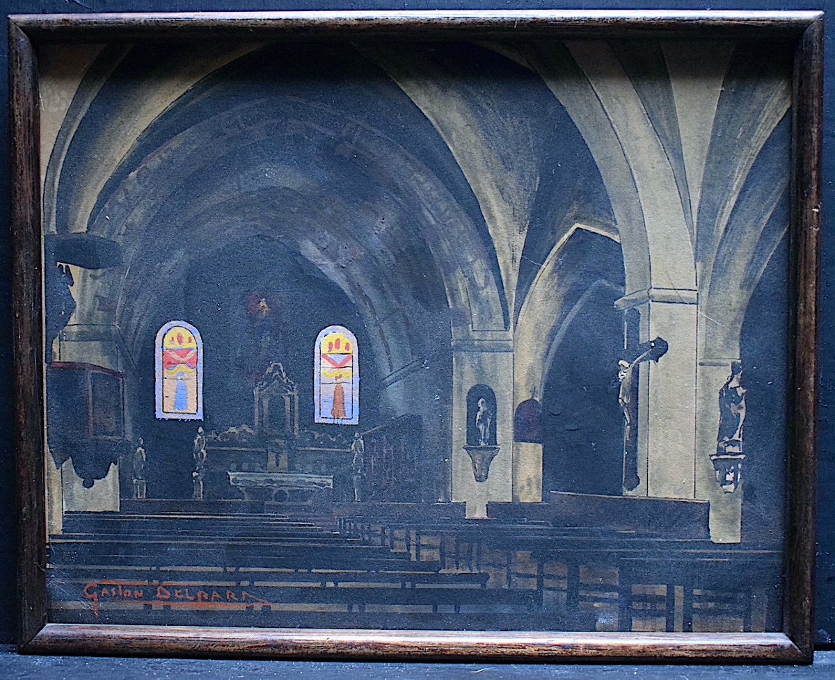 GASTON DELPARD Intérieur d'église Gouache Début XX ème Rt923