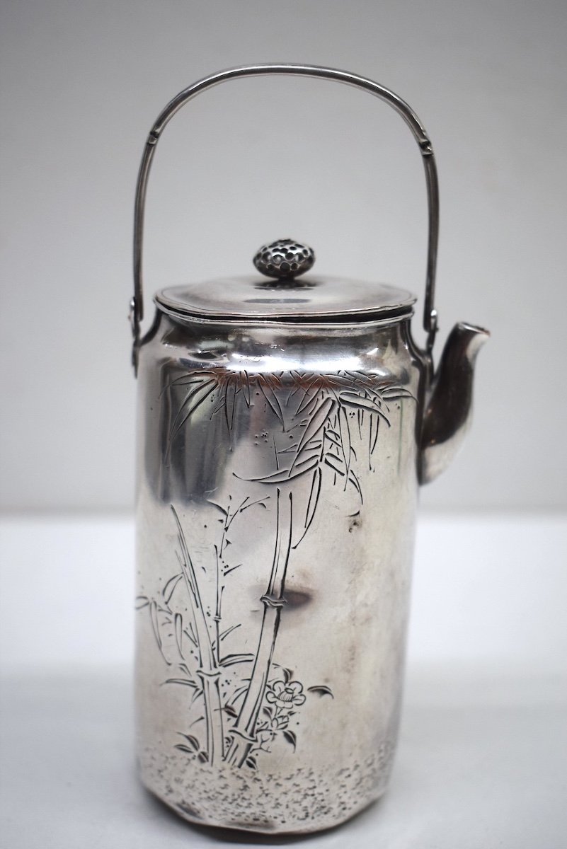 Pot Th&eacute;i&egrave;re Miniature Japon Art Asie Cuivre Rouge Argent&eacute;  Bambou Et Po&egrave;me Ref685-photo-1