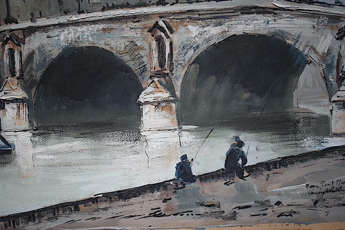 Paris Pont Marie On The Seine Fishermen Signed To Identify Dated 1940 XXth Rt940-photo-2