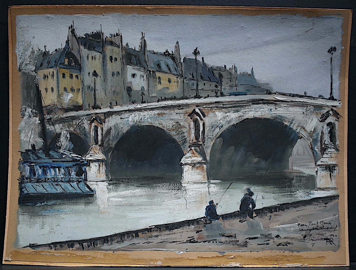 Paris Pont Marie On The Seine Fishermen Signed To Identify Dated 1940 XXth Rt940