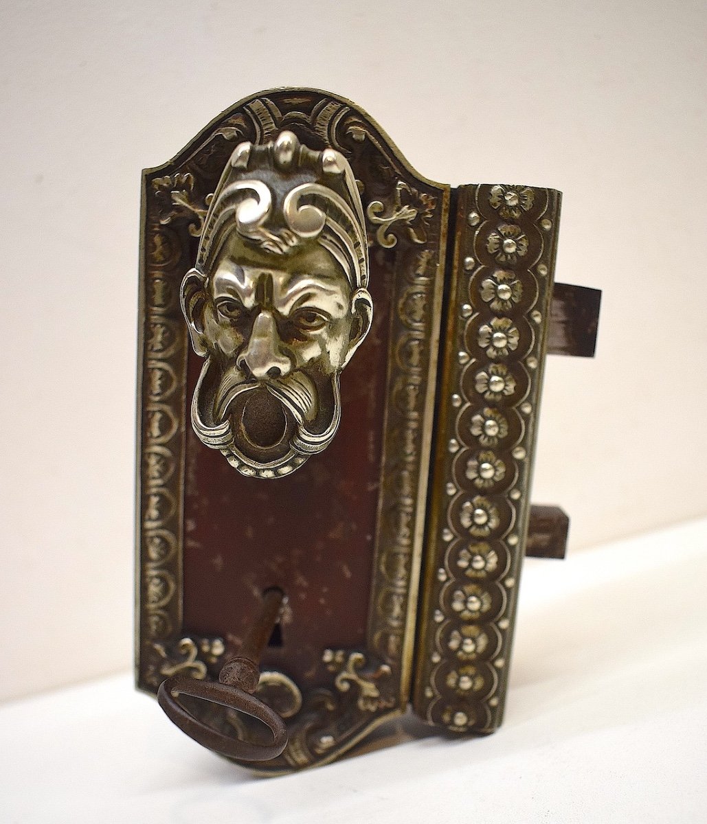 Curiosity Lock Handle Head Of Devil Or Bacchus Silver Bronze And Iron Ref696-photo-3