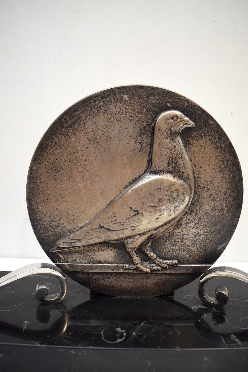 Raymond Pelletier Pigeon In Art Deco Silver Bronze Medallion Pigeon Racing Ref697-photo-2