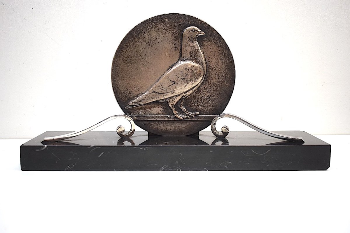 Raymond Pelletier Pigeon En Médaillon Art Déco Bronze Argenté Colombophilie Ref697-photo-6