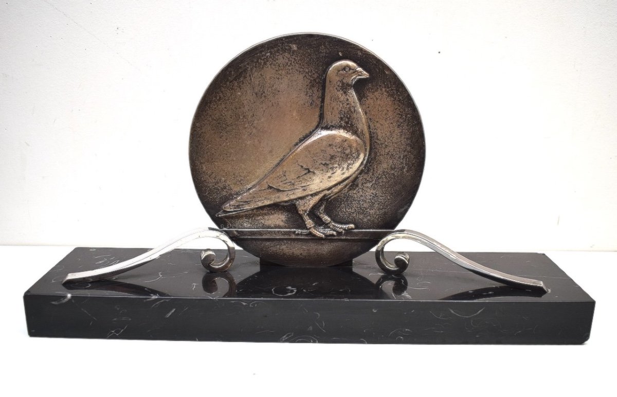 Raymond Pelletier Pigeon En Médaillon Art Déco Bronze Argenté Colombophilie Ref697