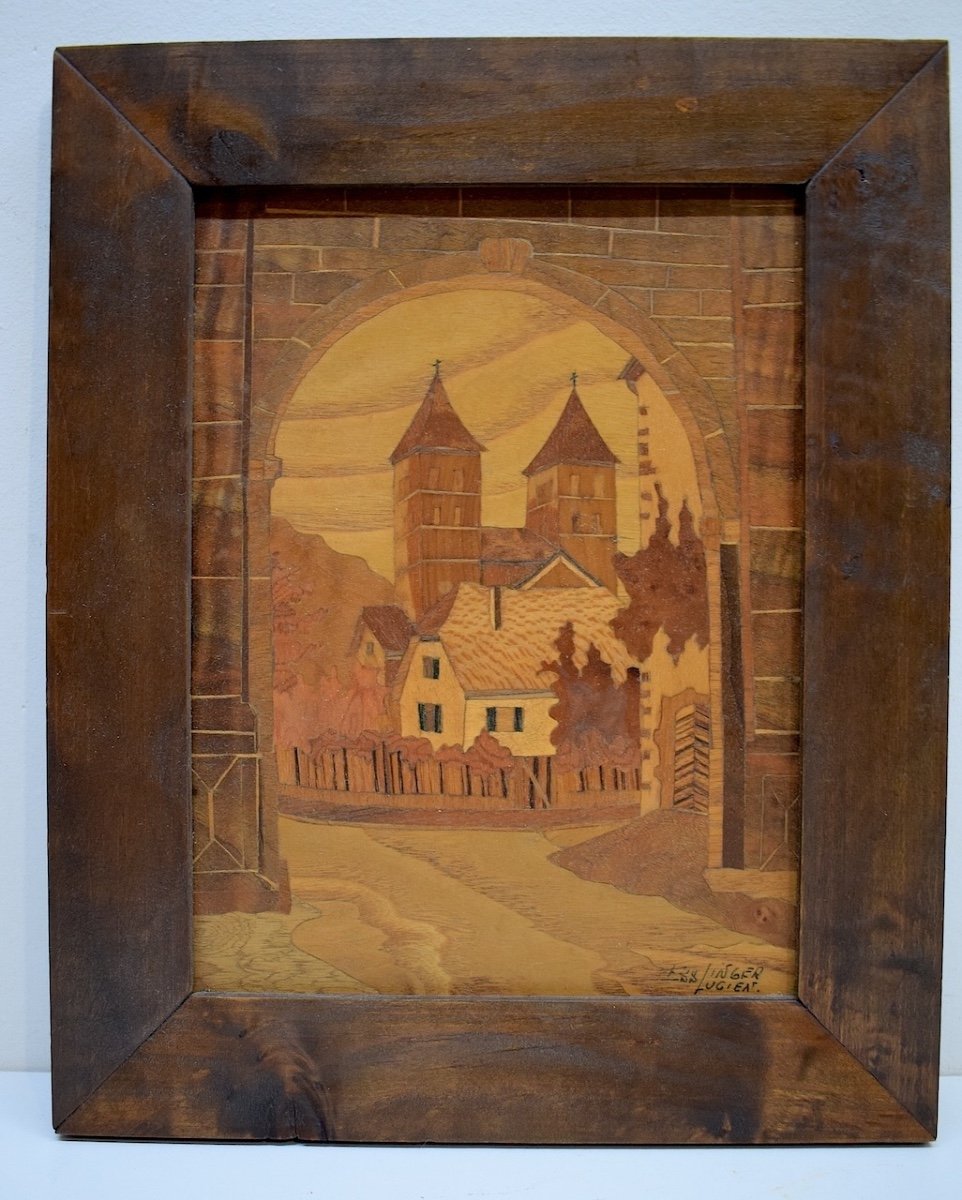  Marquetry Painting View Of Marbach Abbey In Alsace Signed Ref:699-photo-3