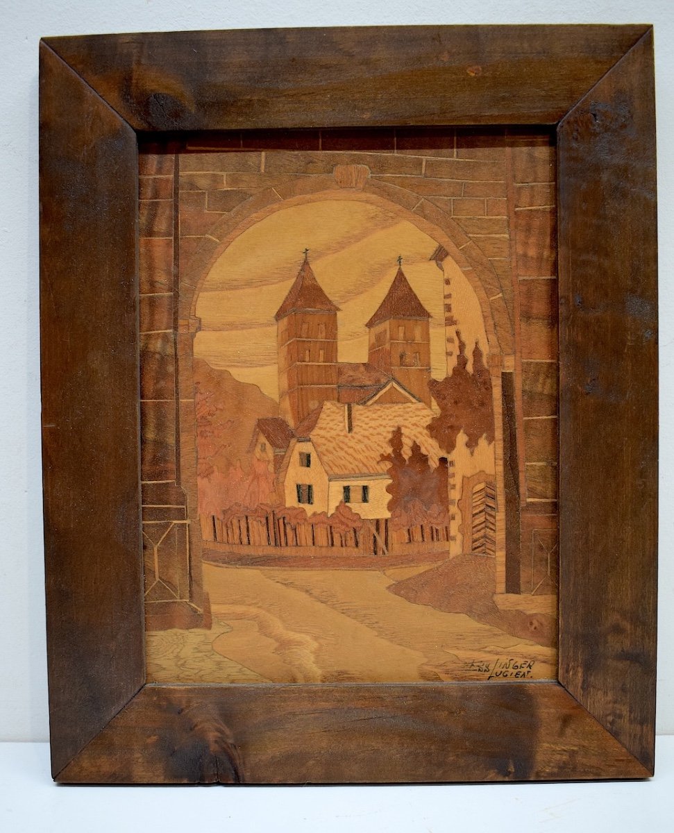  Marquetry Painting View Of Marbach Abbey In Alsace Signed Ref:699